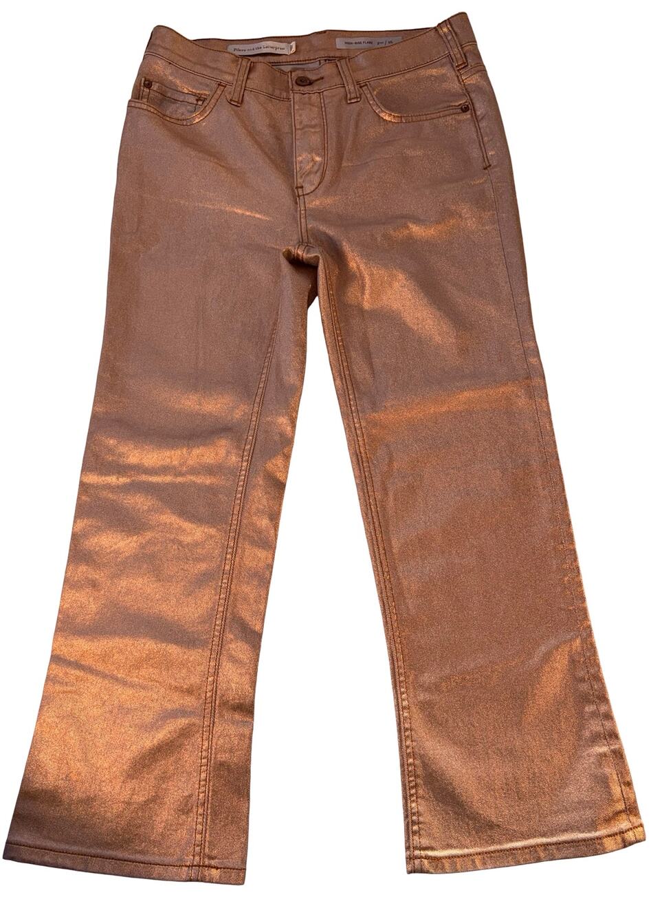 Pilcro and the Letterpress Metallic Rose Gold coated women's Flare Jeans